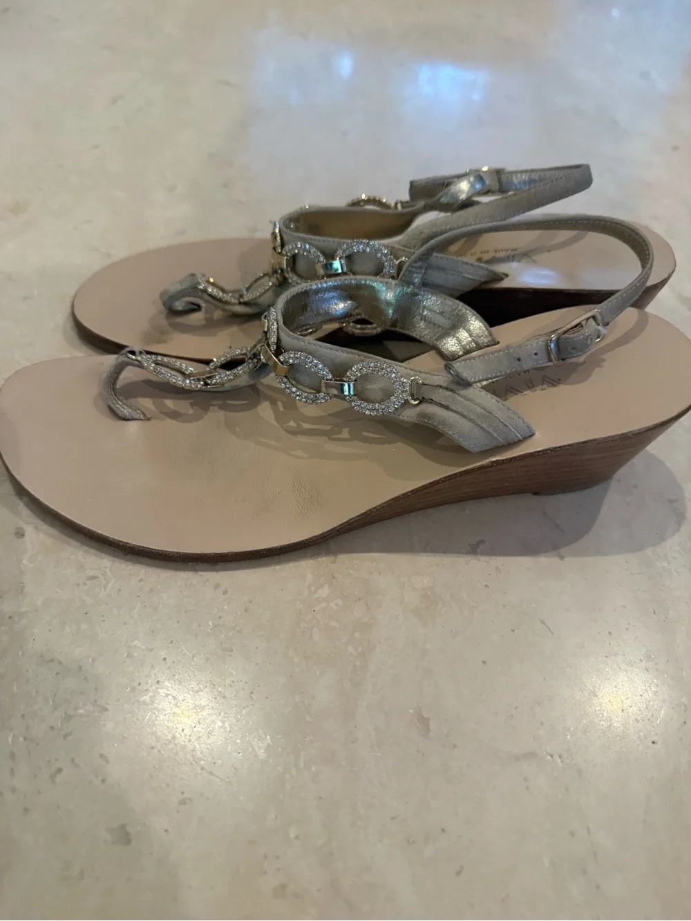 Women's Metallic Silver Chain-Link T-Strap Sandals